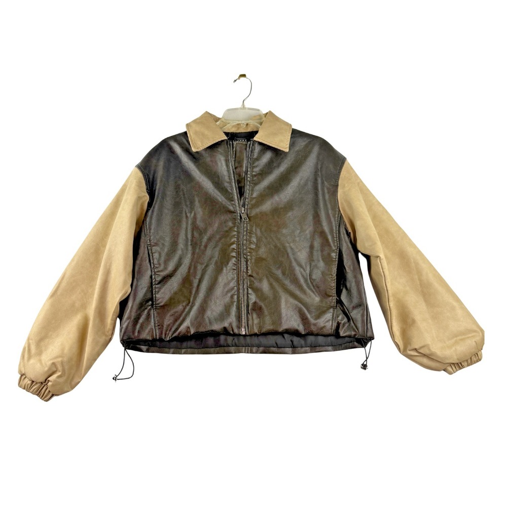 Lioness Nirvana‎ Bomber Jacket XS Two Tone Faux Leather Brown Tan Cropped NWT